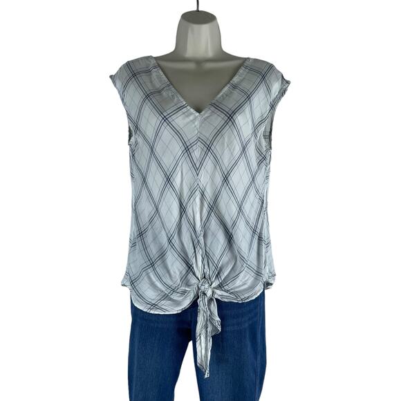 Max Studio Sleeveless Plaid Tie Hem Top V Neck White Blue Size S - Picture 3 of 8